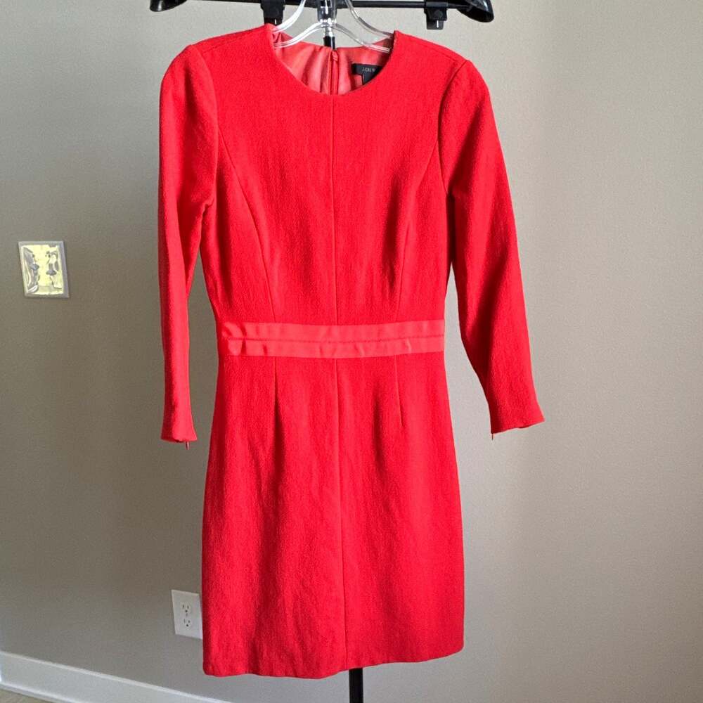 J.Crew Red Wool Twill Sheath Dress Size 2 3/4 Sleeve Knee Length Lined